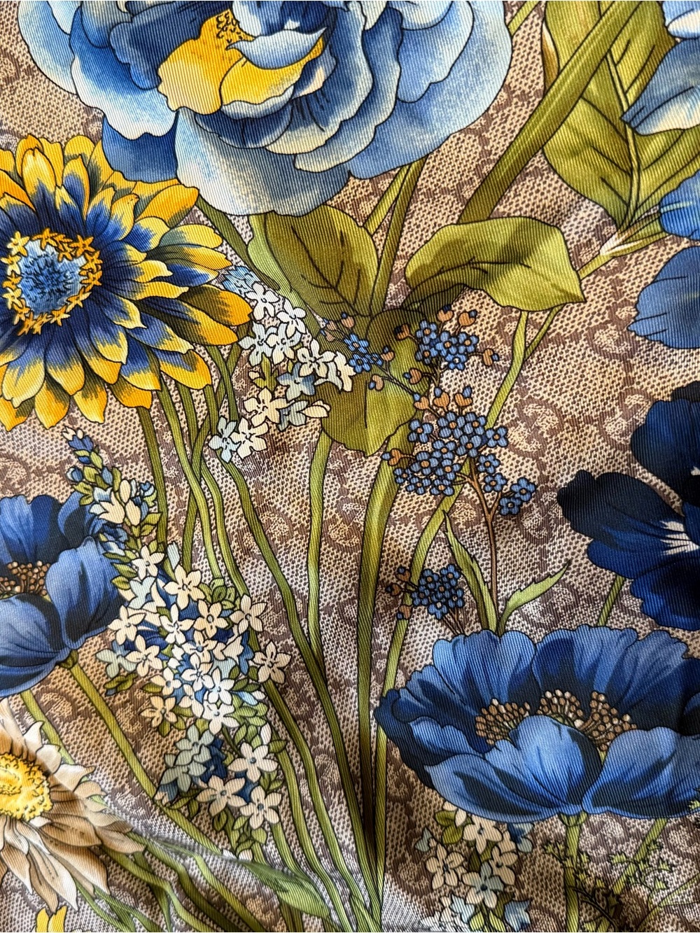 Gucci Beige Monogram Floral Silk Scarf with Blue, Yellow and Red Accents - Picture 7 of 9